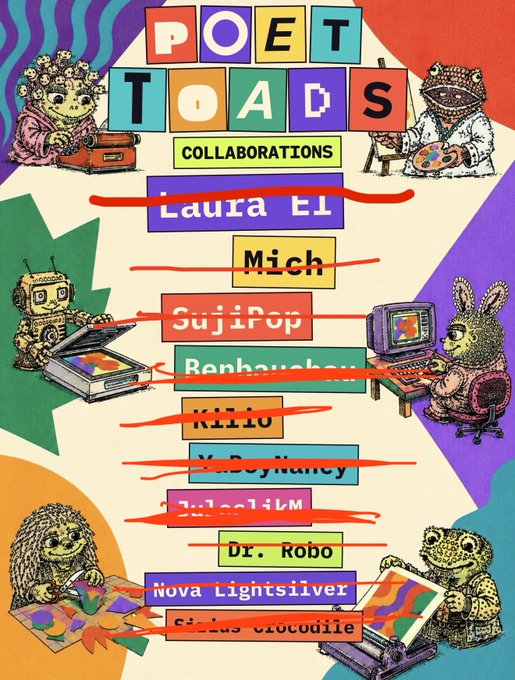 A colorful retro-style graphic titled 'POET TOADS COLLABORATIONS' features illustrated toads and frogs engaging in artistic activities around a list of names with several crossed out in red.