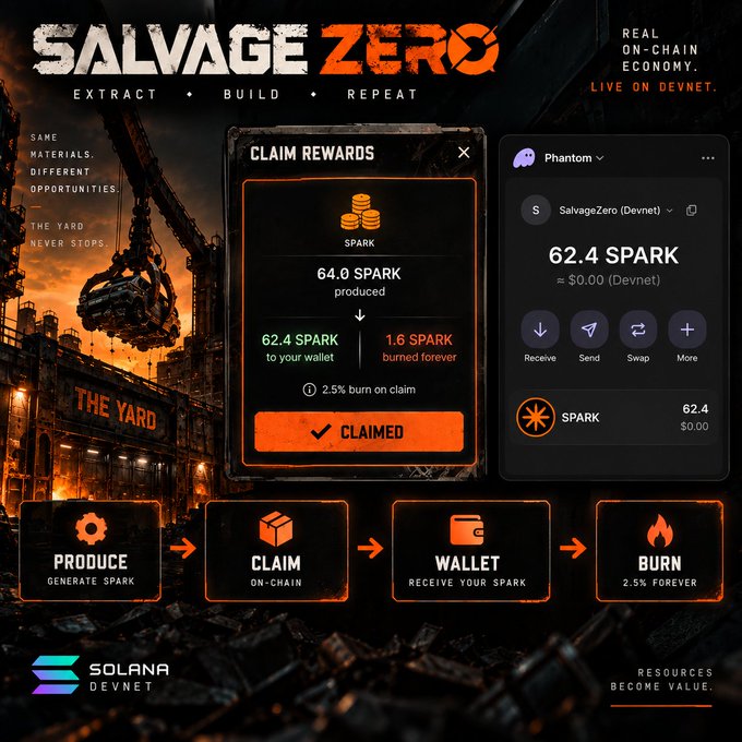 Promotional graphic for "SALVAGE ZERO" showcasing a working on-chain economy on Solana Devnet, featuring a claim rewards screen that displays 64.0 SPARK produced (62.4 to wallet, 1.6 burned forever) alongside a visual flow of Produce → Claim → Wallet → Burn, highlighting the project's $SPARK token system with a 2.5% burn mechanism.