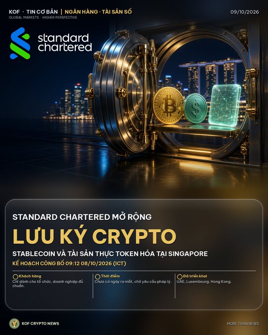 A Standard Chartered Bank promotional graphic in Vietnamese for a crypto custody service launch, featuring a bank vault with a Bitcoin coin, a dollar coin, and a digital token, against a Singapore skyline at night.