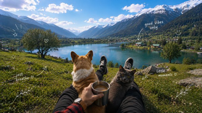 A POV photo of a person sitting in a mountain meadow holding a cup of coffee, with a corgi and a gray cat resting on their lap, overlooking a scenic lake. Text overlays read 'good vibes only', 'just breathe', and 'little moments' with hand-drawn doodles.