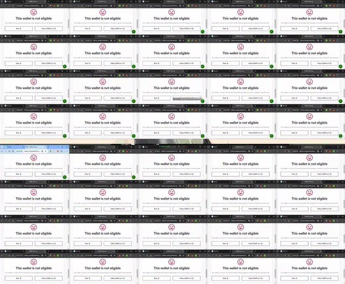 A grid of identical cryptocurrency wallet screens displaying "This wallet is not eligible" messages, paired with text claiming that ETH wallets from 2024 could earn five-figure airdrops while 2026 wallets are left completely empty ("not even a hair left"), humorously illustrating the disparity in airdrop rewards based on wallet vintage.