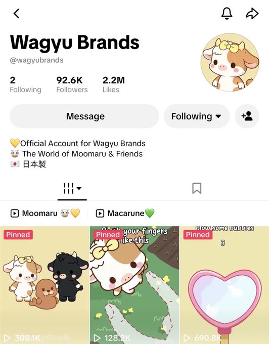 A TikTok profile for 'Wagyu Brands' (@wagyubrands) with 92.6K followers and 2.2M likes, featuring characters Moomaru and Macarune.