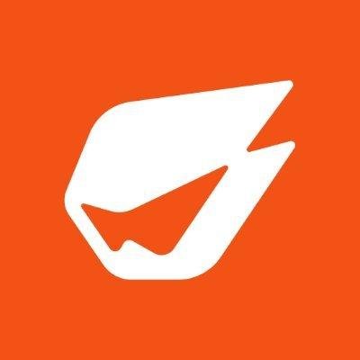 A simple logo featuring a white, stylized rocket or arrow shape set against a solid orange background.