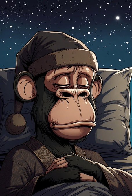 An illustrated, tired-looking chimpanzee wearing a nightcap and robe sleeps against a pillow under a starry night sky.