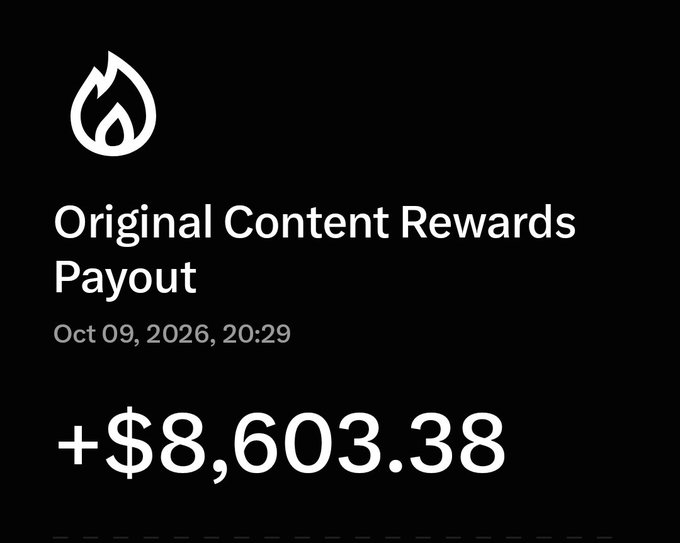 A notification showing an "Original Content Rewards Payout" of **+$8,603.38** on Oct 09, 2026. The post jokingly treats this X creator payout as another deposit toward a Tesla Roadster fund, framing the platform's monetization as a "tweet-to-supercar pipeline."