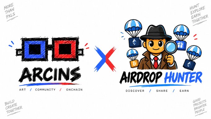 A promotional banner showing a collaboration between ARCINS (featuring red/blue 3D glasses logo with text 'ART / COMMUNITY / ONCHAIN') and AIRDROP HUNTER (featuring a cartoon detective with a magnifying glass and parachutes, text 'DISCOVER / SHARE / EARN'), with surrounding text like 'MORE THAN PXLS' and 'HUNT EXPLORE EARN TOGETHER'.