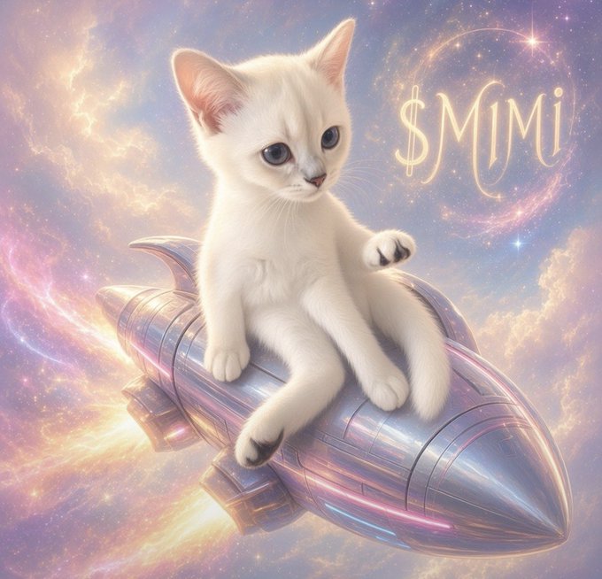 A digital illustration of a white kitten riding a shiny rocket through a colorful cosmic nebula, with glowing text "$MIMI" in the background.