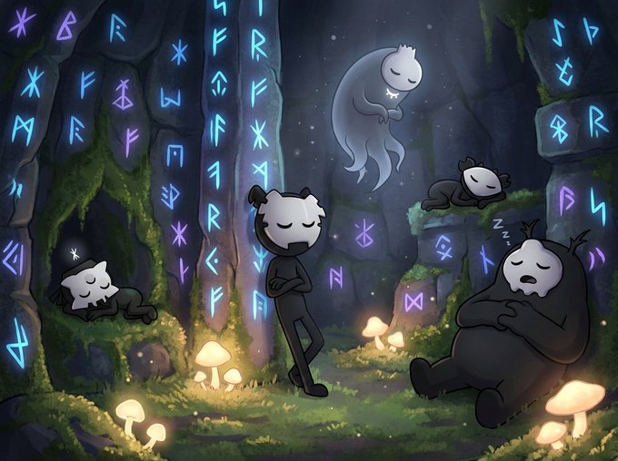 A whimsical cartoon illustration of sleeping panda characters in a magical forest setting with glowing blue runes carved into stone pillars and small mushrooms scattered on the ground.