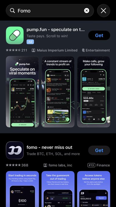 An App Store search for 'Fomo' displays two apps: 'pump.fun - speculate on t...' by Maius Imperium Limited and 'fomo - never miss out' by fomo labs, inc, both related to cryptocurrency trading.