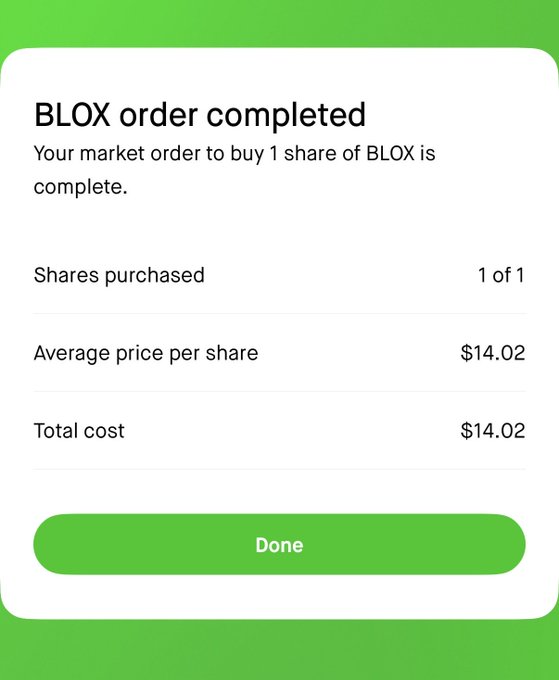 A mobile app confirmation screen showing a completed BLOX order to buy 1 share at an average price of $14.02, totaling $14.02, with a green 'Done' button.
