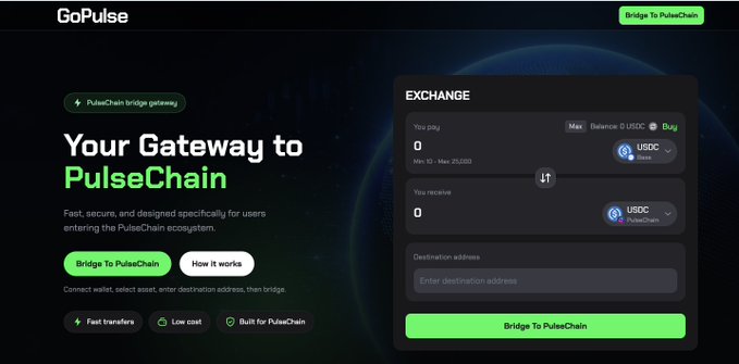 The GoPulse website homepage features a dark theme with the headline 'Your Gateway to PulseChain' and an exchange interface allowing users to bridge USDC from Base to PulseChain.