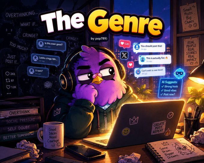 An illustrated promotional image titled 'The Genre by pop789' shows a purple bird-like character wearing headphones, surrounded by floating social media comments with phrases like 'OVERTHINKING', 'CRINGE?', and 'OVERTHINK'.