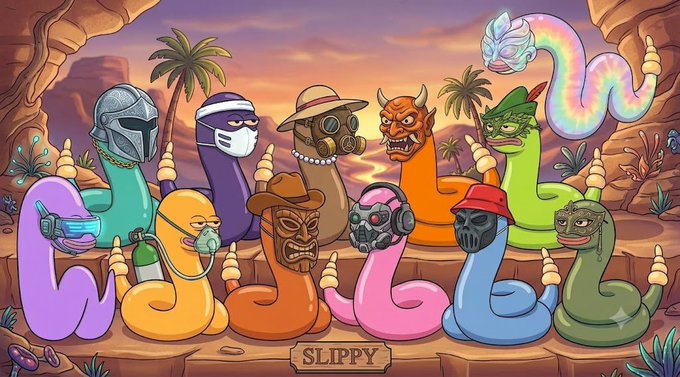 A colorful cartoon illustration shows various worm-like creatures with different themed heads (a Mandalorian, ninja, gas mask, devil, goblin, etc.) arranged above the name 'SLIPPY'.