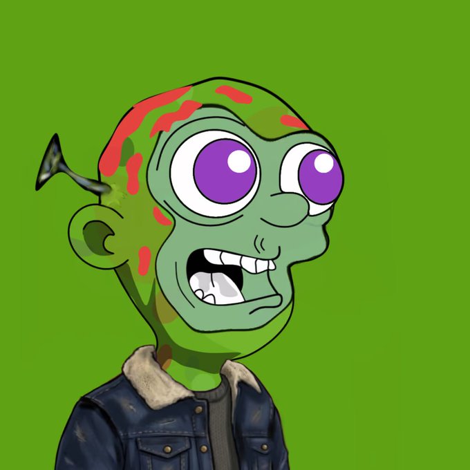 A cartoon zombie character with green skin, large purple eyes, red patches, and a denim jacket grins on a green background.