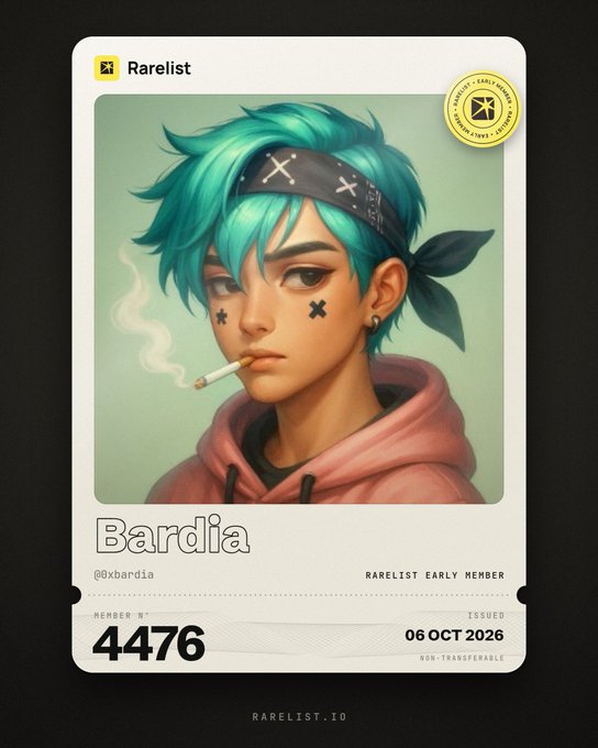 A digital card from "Rarelist" features an anime-style character with turquoise hair smoking a cigarette, labeled "Bardia" with member number "4476" and issued "06 OCT 2026".