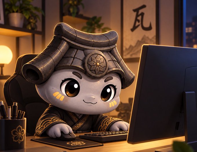 A cute, stylized 3D-rendered cat-like character wearing a traditional samurai helmet (kabuto) sits at a desk using a computer in a warmly lit room with a framed Japanese calligraphy scroll behind it.