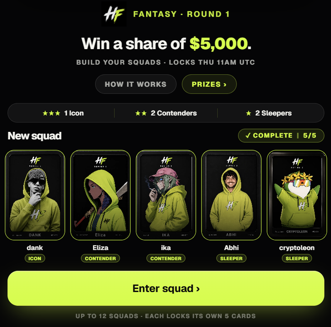 A 'FANTASY - ROUND 1' promotional screen offering a chance to 'Win a share of $5,000,' showing a completed squad of 5 cards (1 Icon, 2 Contenders, 2 Sleepers) featuring avatars named dank, Eliza, ika, Abhi, and cryptoleon.