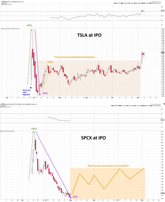 Two annotated stock charts comparing TSLA and SPCX at their IPOs, with TSLA showing an +80% gain followed by a -51% drop before leveling off, and SPCX showing an +58% gain followed by a -53% drop with a hand-drawn note suggesting it might 'bounce and kinda of levelize?!'.