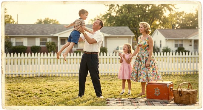 A vintage-style photograph shows a 1950s family scene with a father lifting a young boy in a suburban front yard, while a picnic blanket with a Bitcoin-themed cooler sits in the foreground.