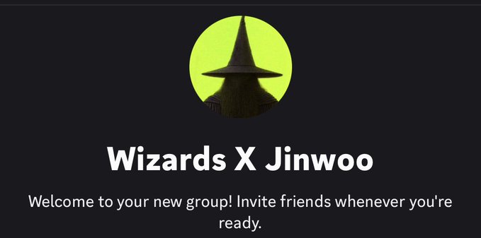 A dark screen shows a circular avatar of a silhouette in a witch's hat against a yellow-green background, with the group name 'Wizards X Jinwoo' and the welcome message 'Welcome to your new group! Invite friends whenever you're ready.'
