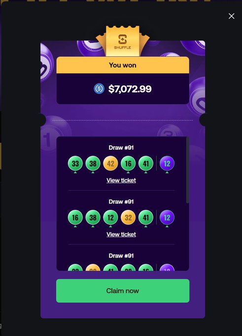 A screenshot of a Shuffle.com lottery win notification showing a prize of $7,072.99, with draw #91 tickets displayed below featuring numbers like 33, 38, 42, 16, 41, and 12, and a green "Claim now" button at the bottom—visually confirming the "$SHFL" win highlighted in the post.