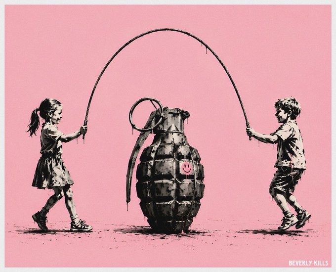 A street art piece signed 'BEVERLY KILLS' shows two children playing jump rope on a pink background, but the rope is connected to a grenade with a smiley face instead of handles.