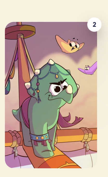 An animated illustration shows a green seahorse character wearing a decorative headpiece on a ship, with two small bird-like creatures flying nearby.