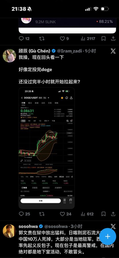 This screenshot features a social media post by '顾辰 (Gü Chén)' (@Iram_zadi) displaying a DOGE/USDT chart with a price of 0.08631 and a 21.22% gain, questioning if the price surged shortly after the market closed, while a separate post by 'sosohwa' (@sosohwa) discusses the Ukraine war, with accompanying text noting complaints about image theft and being blocked.