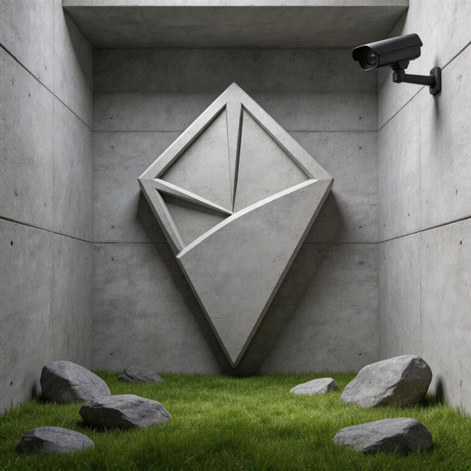 A concrete room featuring a large, angular geometric logo mounted on the back wall, a surveillance camera in the upper corner, and patches of grass with scattered rocks on the floor.