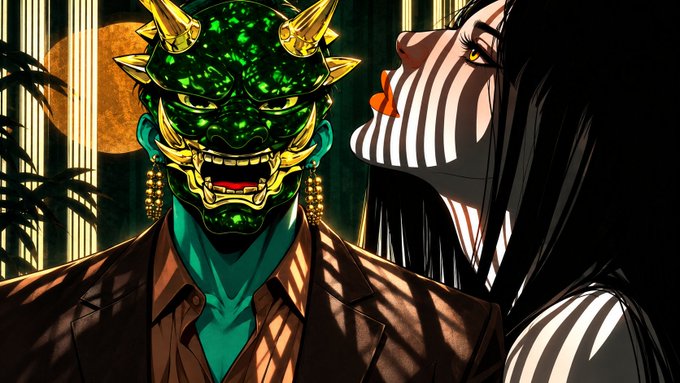 A digital artwork in anime style featuring a character with an ornate green and gold horned demon mask standing next to a woman with striped face makeup.