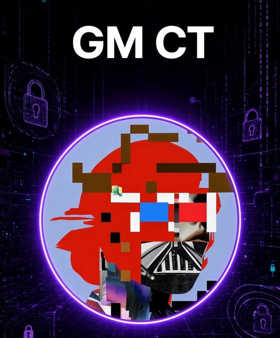 A digital artwork titled "GM CT" featuring a pixelated, glitch-style circular portrait with red, blue, and brown blocks over a dark purple cyber background with padlock icons.