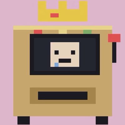 A simple cartoon-style illustration of a tan/beige arcade claw machine with a yellow crown on top, featuring a neutral face on its screen against a pink background.