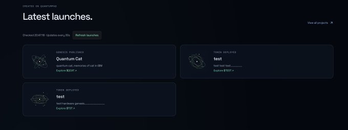 A view of Quantumz.io's "Latest launches" dashboard displaying three projects: "Quantum Cat" (a community-launched project on IBM Quantum), and two "test" deployments, one of which is marked "TIMER DEPLETED."