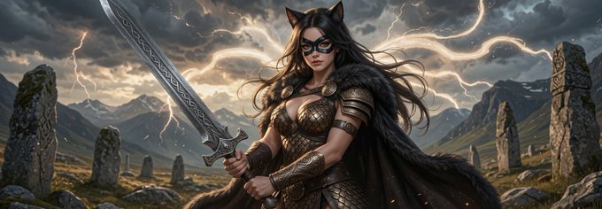A fantasy warrior woman in armor and a cape, wearing a cat-eared mask, holding a large sword against a stormy sky with lightning and stone monoliths.