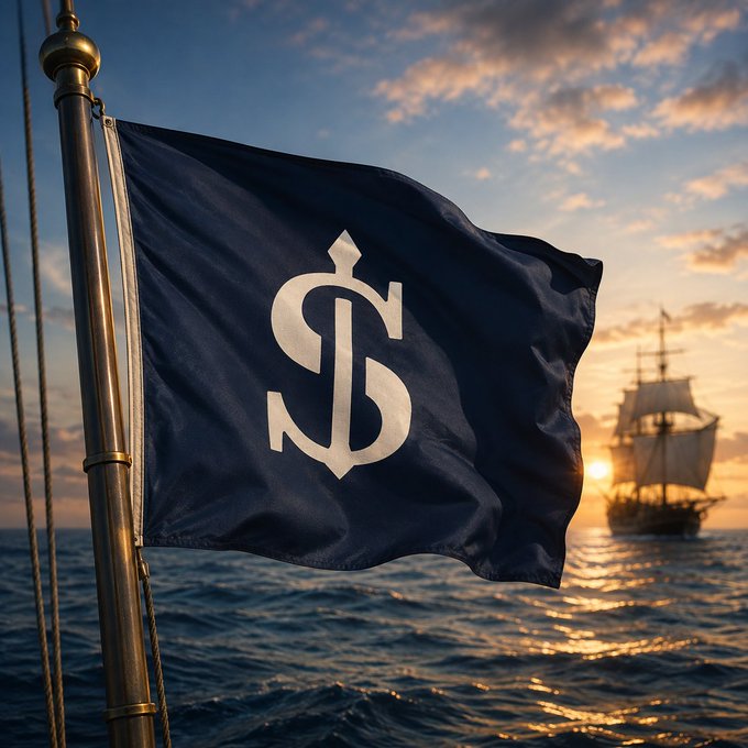 A navy flag bearing the stylized "$" and "SHIP" monogram flies from a ship's mast against a sunset-lit ocean, with a tall sailing vessel silhouetted on the horizon. The imagery of a traditional ship at sea visually reinforces the separation described in the caption—showing how EthraShip's architecture distinguishes real maritime assets from its $SHIP governance and utility token used at the protocol layer.