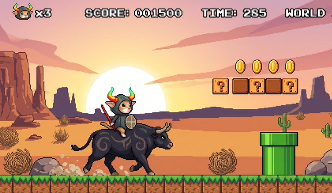 A Super Mario-style platformer game screenshot featuring a viking character with horned helmet riding a black bull through a desert sunset landscape, with HUD showing SCORE: 001500, TIME: 285, and WORLD 1.