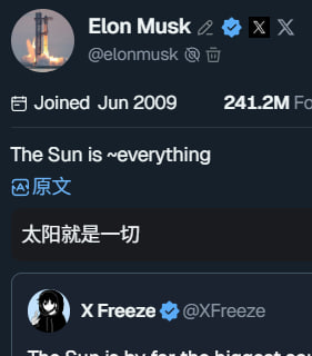 A screenshot of Elon Musk's X (formerly Twitter) profile showing his account (@elonmusk, joined June 2009, 241.2M followers) alongside a pinned tweet in both English and Chinese reading "The Sun is ~everything / 太阳就是一切," which ties into the post's discussion of Musk's statement about the sun's centrality and its connection to the $SUNCOIN token.