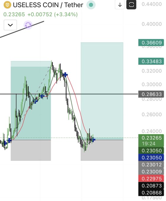A trading chart for "USELESS COIN / Tether" showing a current price of 0.23265 (+3.34%), featuring candlestick patterns, moving averages, and highlighted supply/demand zones in teal and gray.