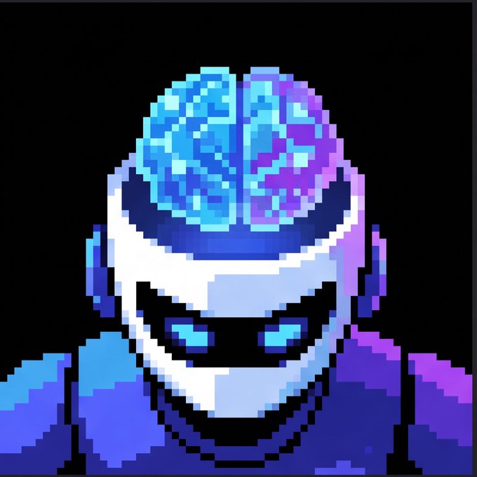 A pixel art character portrait featuring a figure in blue and purple armor with a futuristic white helmet and a transparent dome revealing a glowing blue brain inside.