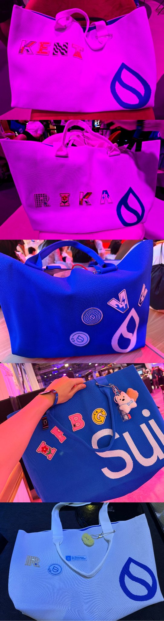 A collage of five tote bags in various colors (pink, blue, light blue) featuring the 'Swire' logo and customizable letter patches spelling names like 'KENT', 'IRISKA', 'RUBY', and 'HR'.