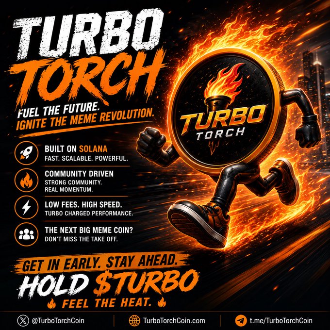 Promotional poster for "TURBO TORCH" meme coin, featuring a flaming torch character with running legs and a coin body, advertising it as built on Solana with low fees, and displaying the ticker $TURBO.