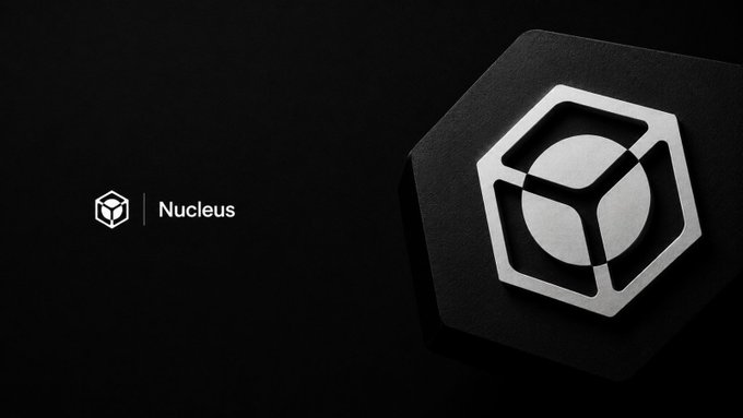 A dark, minimalist image featuring the word 'Nucleus' next to its hexagonal logo, alongside a metallic 3D cube emblem on the right.