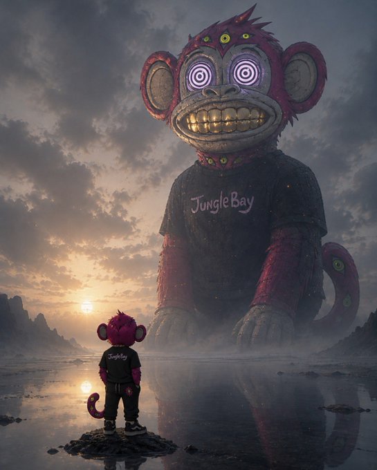 A surreal digital artwork featuring a small figure wearing a 'JungleBay' shirt standing before a giant, menacing monkey statue with hypnotic spiral eyes.