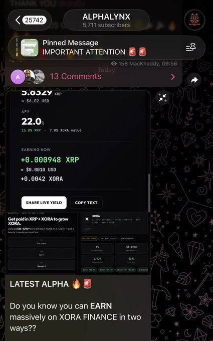 A mobile screenshot shows a Telegram post by "ALPHALYNX" (5,711 subscribers) promoting XORA Finance earnings, displaying 5.6329 XRP (≈$6.02 USD) with 22.0% APY and a "+0.000948 XRP" earning rate. The image illustrates the post's claim about earning $5–$200 from XORA Finance, showing live yield stats for the crypto staking/earning platform.
