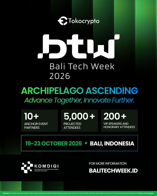 A promotional poster for Bali Tech Week 2026, themed 'Archipelago Ascending: Advance Together, Innovate Further,' hosted by Tokocrypto, scheduled for 19-23 October 2026 in Bali, Indonesia, with 10+ anchor event partners and 200+ VIP speakers.