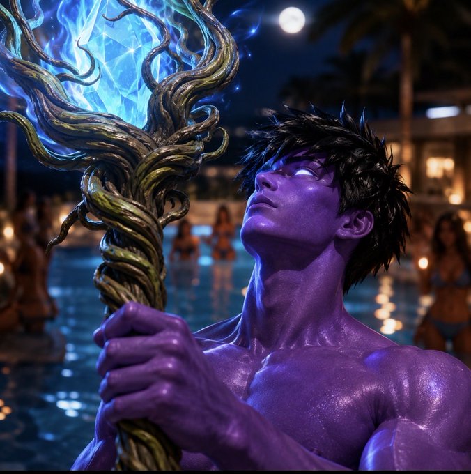 A digital artwork depicting a muscular, purple-skinned male figure with spiky black hair holding a gnarled wooden staff topped with a glowing blue crystal, set against a nighttime poolside scene with people and palm trees.