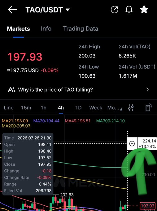 A Binance trading chart shows TAO/USDT priced at $197.93, down 0.09% from $197.75, with 24h high of 200.03, low of 190.63, and volume of 1.617M USDT, indicating the post's "Send $TAO also higher" caption is aspirational since the price is currently slightly down rather than up.