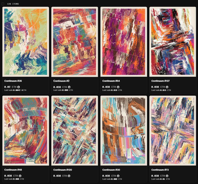 An NFT collection gallery displaying colorful abstract artworks titled 'Continuum' (#35, #2, #54, #127, #48, #120, #30, #73), with prices listed in ETH (0.02–0.038 ETH).