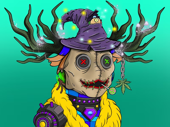 A cartoonish, surreal illustration of a stitched, zombie-like character with button eyes (X marks), antlers, a purple wizard hat with a creature peeking out, a cannabis leaf earring, and a yellow fur coat, set against a teal background.