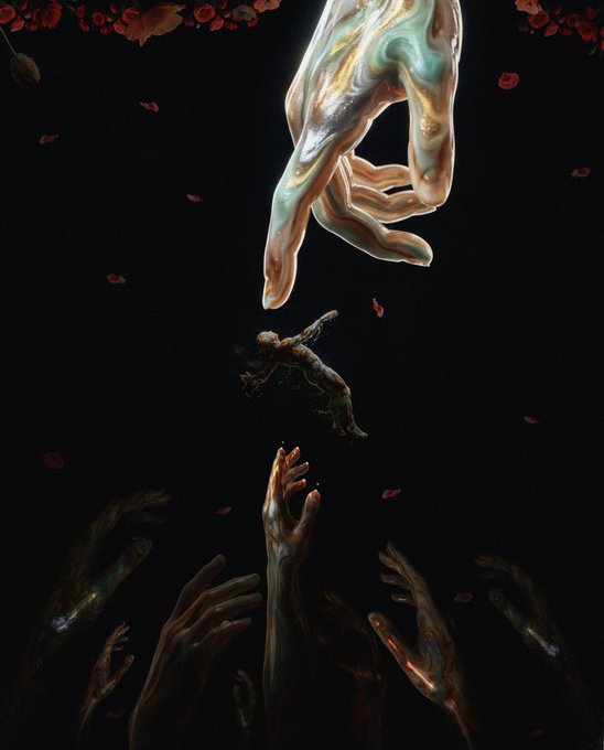 A dramatic digital painting shows a large, sculptural hand descending from darkness to grasp a small floating figure, while multiple smaller hands reach upward and red rose petals scatter across the black void.